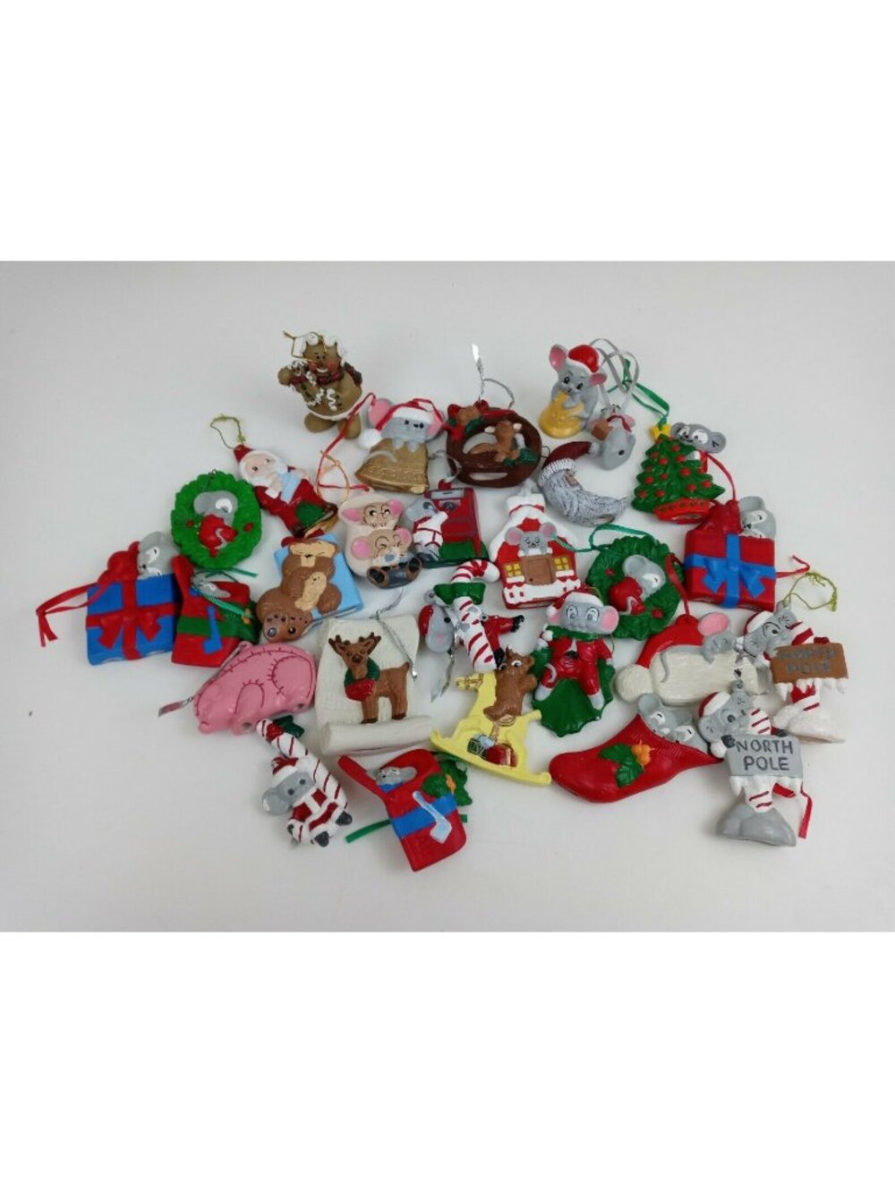 Lot of 28 Various Christmas Ornaments Mice, Deer, Teddy Bears, & More